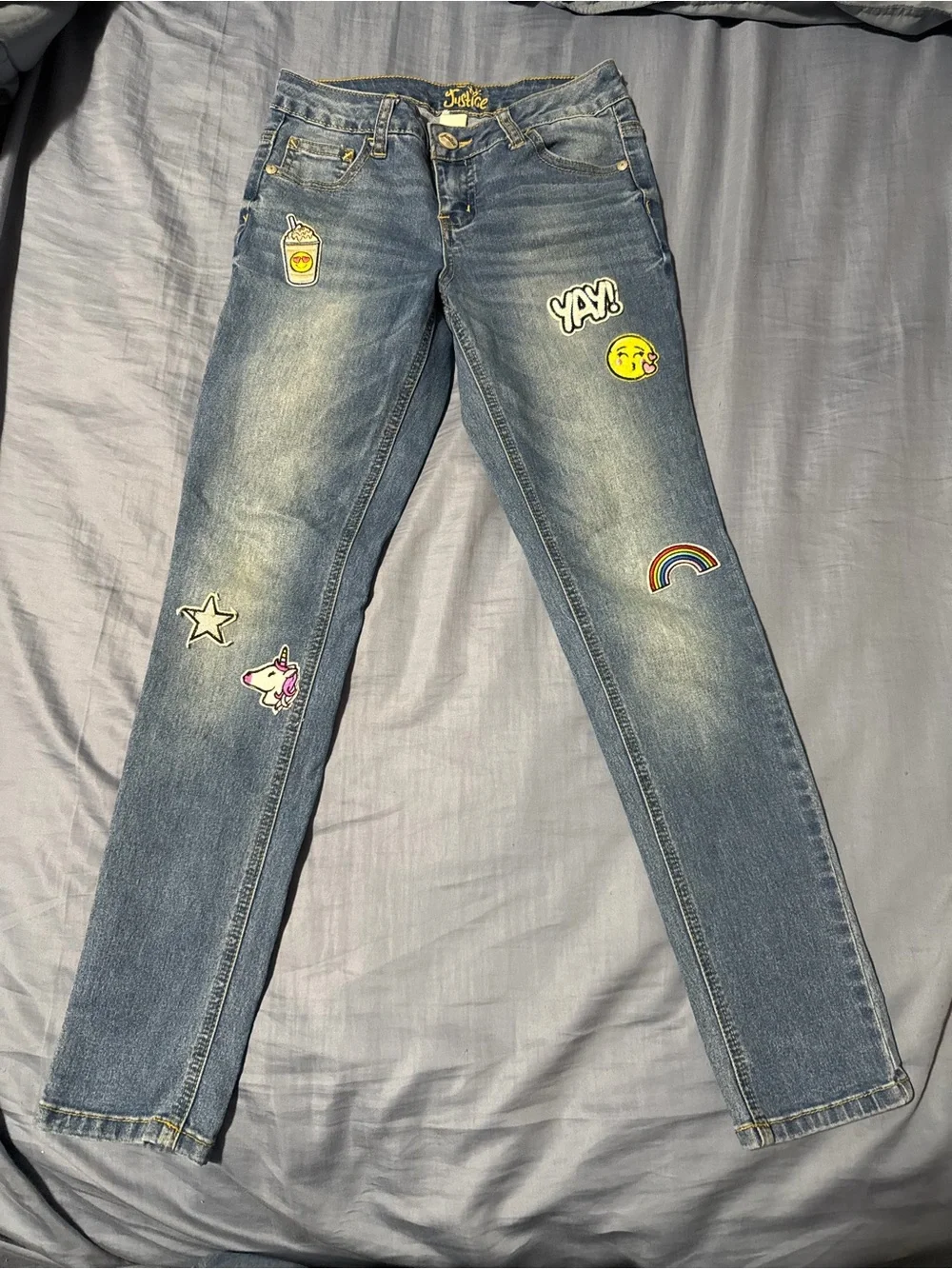 Justice Blue Denim Skinny Jeans with Colorful Pathes